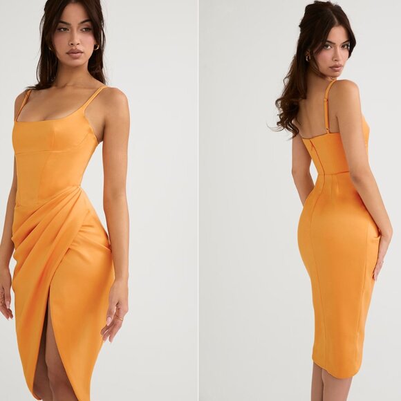 Bianca - Tangerine satin pleated corset midi dress - Picture 5 of 6